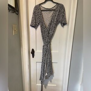 Ann Taylor Black and White Animal Print Midi Wrap Dress